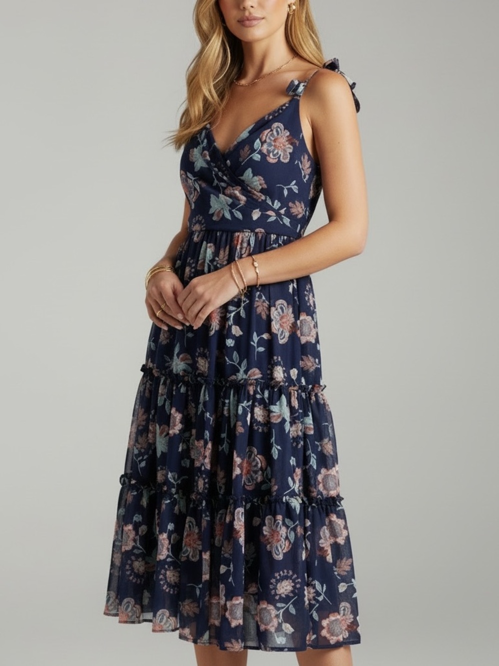 NWT SACHIN + BABI Dalia Navy Floral V-Neck Tiered Lined Midi Dress Size 8